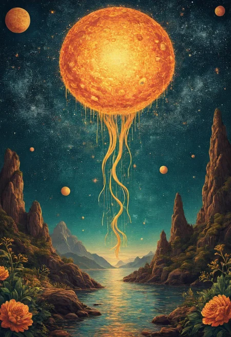 high quality, highly detailed, Imagine a dreamlike scene blending the swirling cosmic colors of Vincent van Gogh's Starry Night with the surreal celestial precision of Salvador Dali. In this cosmic dance, celestial bodies echo Turner's atmospheric touch, blurring the line between reality and fantasy, In the foreground, a fantastical creature takes center stage, blending the whimsy of Hieronymus Bosch's beings with the organic flow of Alphonse Mucha's art nouveau lines. Elements of H.R. Giger's biomechanical aesthetic add an otherworldly touch, awesome full color,
OverallDetailXL <lora:SDXLFaeTastic2400:0.4> <lora:DetailMaximizer:0.55> detailmaximizer  <lora:Thumbnail:0.7> flex-style