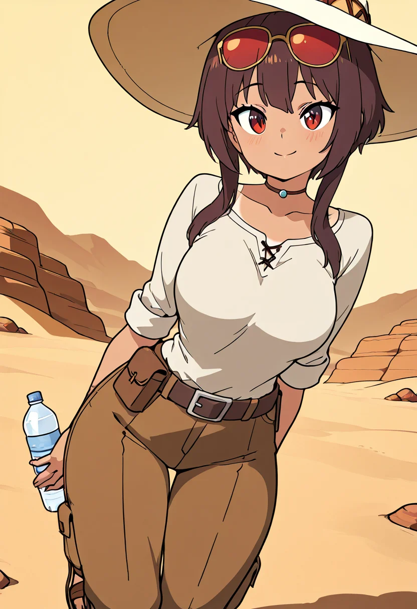 masterpiece, best quality, solo, curvy, beautiful eyes, narrow waist, wide hips, 1girl, solo, smile, looking at viewer, dynamic angle, foreshortening, close up,    zzMegu, red eyes, short hair, brown hair, short hair with long locks,   ,<lora:MeguminKonosubaCSV_IXL_v1:0.7>,  large breasts, [Desert Oasis], lightweight tan linen shirt with rolled-up sleeves, wide-brimmed sun hat, mirrored sunglasses, loose cargo pants, leather sandals, utility belt with water bottle holder, sun-drenched desert dunes with sparse cacti, camel caravan in the distance, preparing for a desert trek,