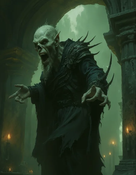manzanedo style, analog Photo, A tall, gaunt vampire clad in dark, tattered robes stretches one skeletal arm forward, its long fingers tipped with sharp, claw-like nails. Its pale, deathly skin contrasts against the shadows of the dimly lit, gothic setting. The creature’s face is contorted in a vicious snarl, baring sharp fangs, while its hollow eyes burn with malevolent intensity. Jagged, bone-like protrusions extend from its back, adding to its nightmarish appearance.
The background reveals ancient, decaying stone pillars, partially illuminated by dim candlelight, evoking the sense of an old crypt or vampire lair. The air seems thick with darkness and age, and the architecture reflects a sinister, arcane atmosphere. The muted tones of green, black, and gray dominate the scene, while the pale figure and occasional warm glows from the torches create eerie contrast. The artwork, likely a digital painting, emphasizes texture and mood, focusing on the creature's monstrous presence and its unnatural grace.