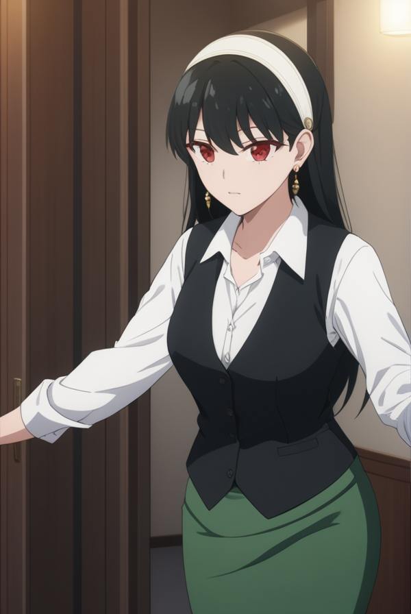 masterpiece, best quality, highres, 4k, 8k, intricate detail, cinematic lighting, amazing quality, amazing shading, soft lighting, Detailed Illustration, anime style,
yorbriar, <lora:yor-briar-s1s2-sdxl-lora-nochekaiser:0.75>,
yor briar, black hair, red eyes, earrings, white hairband, hairband, long hair, sidelocks,
skirt, shirt, long sleeves, white shirt, earrings, collared shirt, vest, green skirt, pencil skirt, office lady, green vest,
indoors, office,
looking at viewer, full body, dynamic pose,