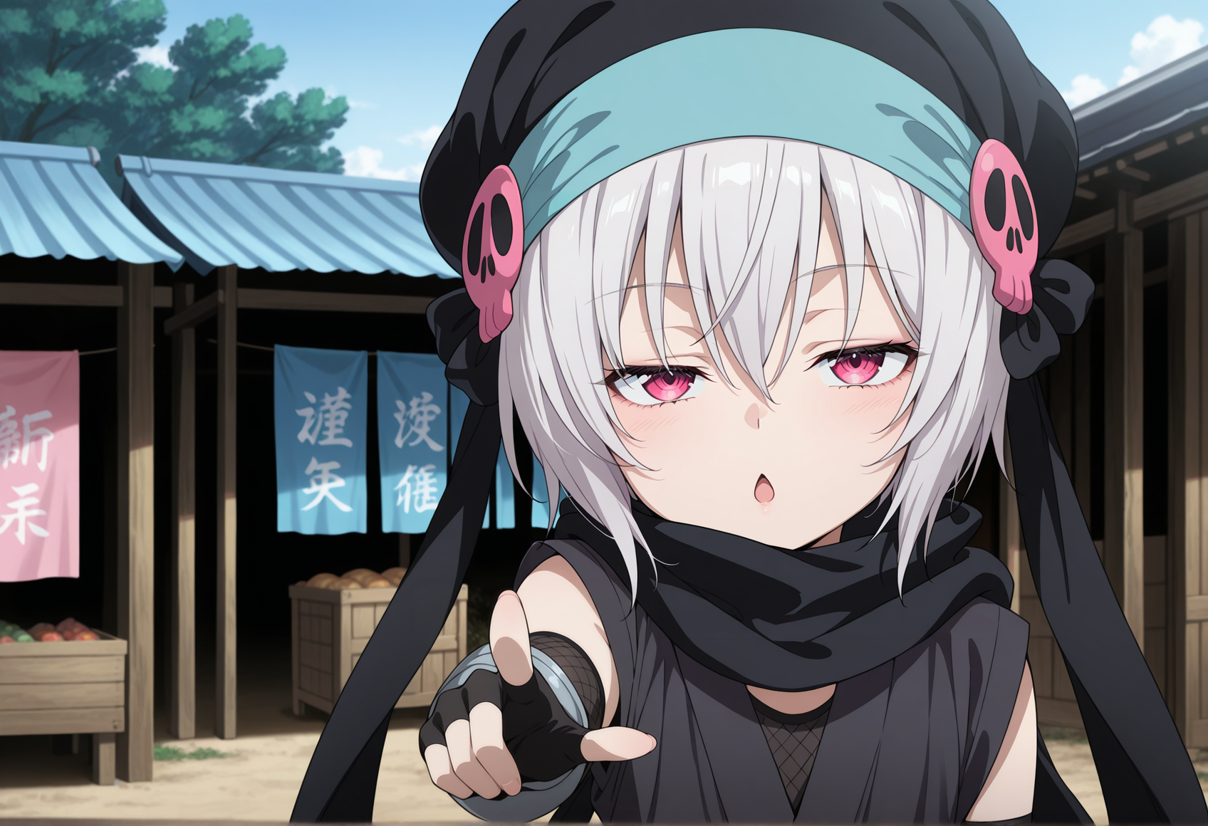 anime screenshot, anime coloring, 1girl, solo, short hair, grey hair, pink eyes, hat, skull, ninja, scarf, bare shoulders, fishnets, gauntlets, fingerless gloves, half-closed eyes, pointing at viewer, chestnut mouth, outdoors, market stall, upper body <lora:goemon_nobuna_illus:1>, masterpiece, best quality, amazing quality, very aesthetic, absurdres, highres, newest