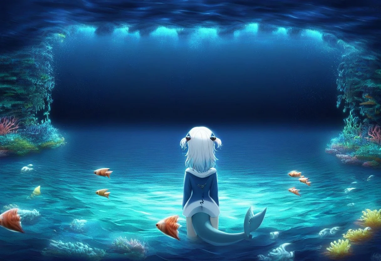 bioluminescence (gawr gura, blue hoodie, two side up, shark hair ornament, shark tail, swimming under water) (deep in the ocean, fish everywhere, dark waters, bioluminescent, fish, coral reefs, sea weed, saturated colors, glowing, masterpiece, beautiful details, great details, high resolution)