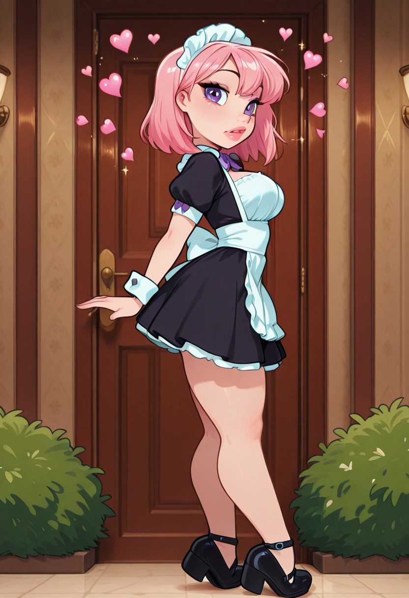 <lora:CivChan:1> side view, CivChan, purple eyes, pink hair, maid outfit, medium breasts, full lips, floating hearts, hearts, doing the homer Simpson walking backward meme, Large bush wall
