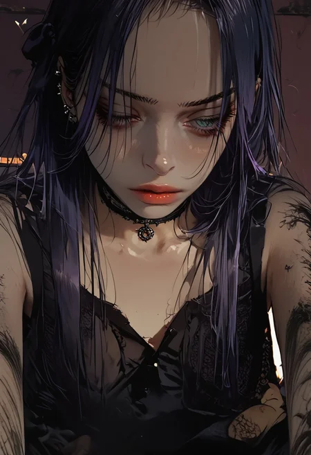 score_9, score_8_up, score_7_up, sinozick style , flat color, dark theme , source_comic, 1girl, solo, long hair, purple hair, choker, tattoos, black gothic dress, fishnet arm sleeves and gloves,  gothic dungeon background
BREAK
Dramatic angle, unique perspective, unique angle