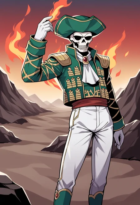 score_9, score_8_up, score_7_up, source_anime BREAK 1boy, solo,
<lora:zs_MatadorXL:1> matadorsmt, hat, skull, green jacket, white ascot, white pants, white gloves, green boots
cowboy shot, wasteland, desert, surrounded by flames, red sky, looking at viewer