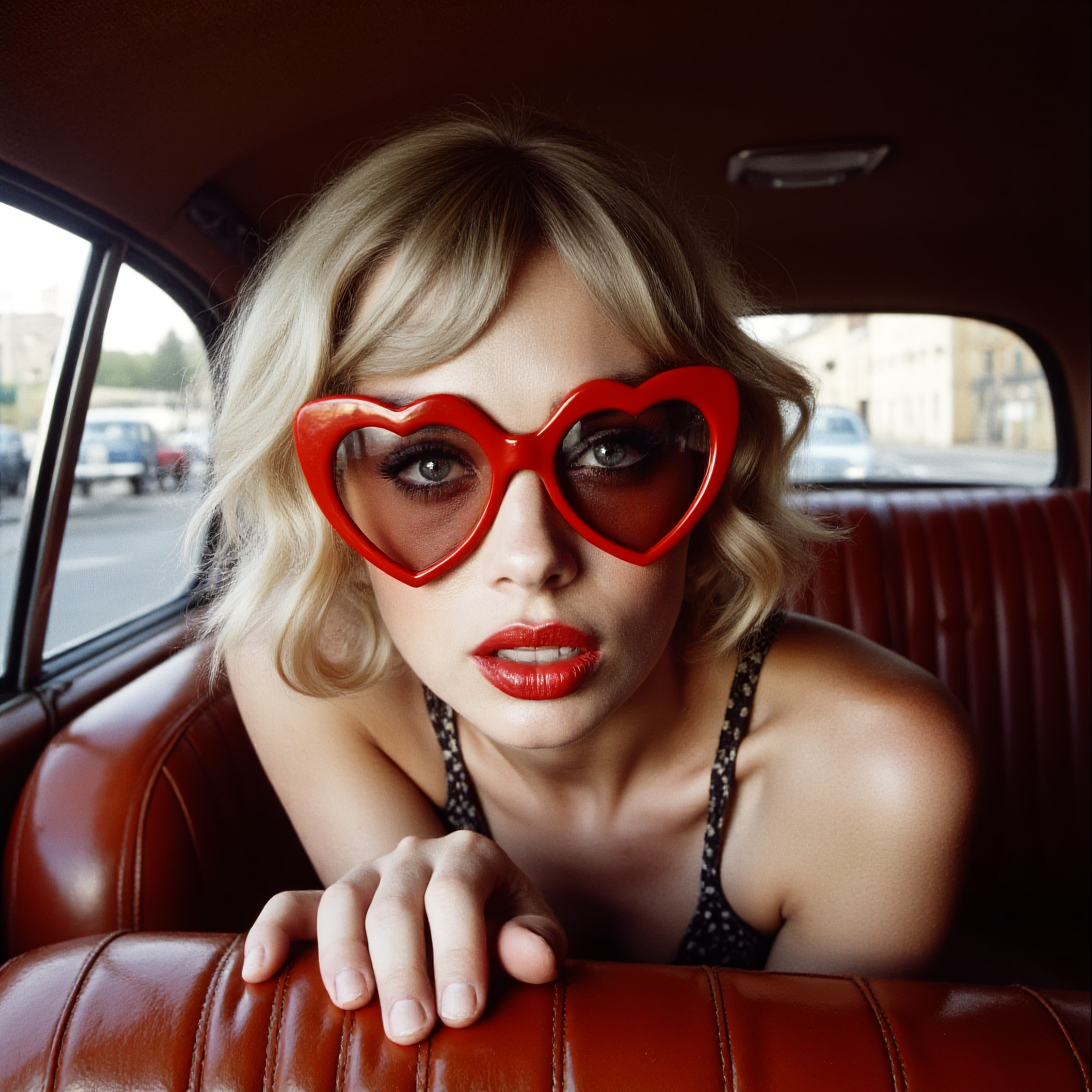 A high-contrast photo of a glamorous young woman posing for a picture, wearing iconic red heart-shaped sunglasses, in the style of David Bailey. The subject exudes vintage charm with her retro blonde hairstyle and bold red lipstick, seated in a classic leather car interior. The photo features a close-up composition, capturing her playful pout and expressive demeanor. The lighting emphasizes warm, sunlit tones, creating a soft, summery glow. Intricate details of the sunglasses' glossy finish and the subtle textures of the car upholstery are highlighted, with a shallow depth of field ensuring focus on the subject's face. Shot with a 35mm film camera for a timeless, cinematic look. <lora:david-bailey-flux1-dev-v1:1>