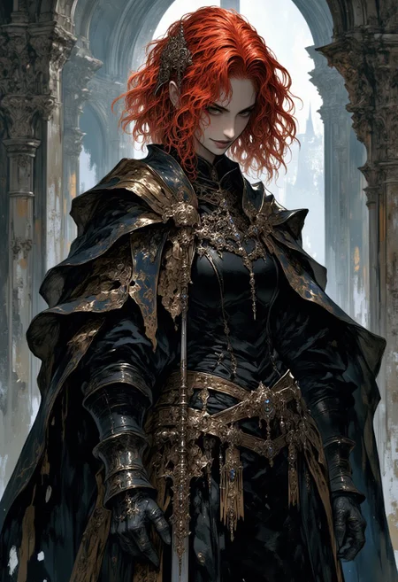 a girl in a black military uniform looks down. she smirks. in the background are the ruins of an old abandoned church. she wears black velvet gloves on her hands and a saber on her belt. she has red short hair. looking down, shoulder-high image. predatory smile and stare. looking directly into the camera. The angle on the girl's eyes.