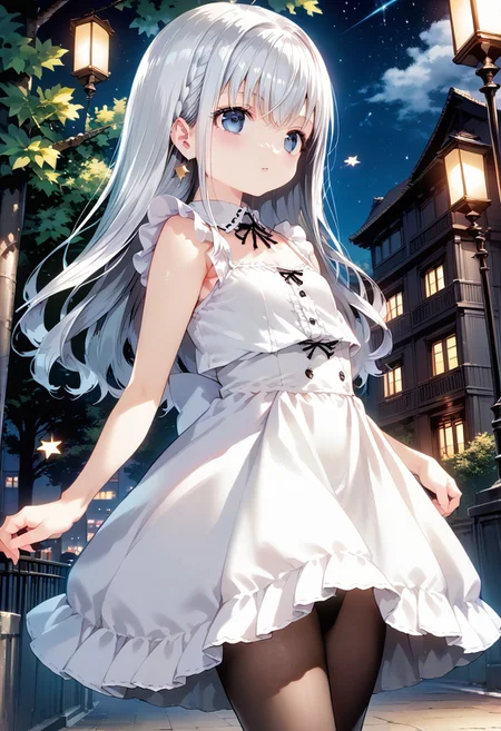 score_9, score_8_up, score_7_up, source_anime, solo, 1girl, MdoHP, The background is a city, perfect white-haired girl, dress, white-haired, white-haired god, cute anime waifu in beautiful clothes, gray-haired, best anime 4k konachan wallpaper, little curve, guvez on Pixiv ArtStation, white-haired girl, nightcore, standing on a tree, looking up at the stars, face super detailed