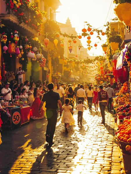 A vibrant Kodachrome capture of a bustling Latin American street, teeming with festive activity during the golden hour of Christmas. Warm, honey-toned sunlight bathes the scene, illuminating a crowded street lined with brightly colored, makeshift Christmas displays. People, dressed in colorful, traditional outfits, are exuberantly dancing, their movements joyful and energetic. Laughter and the music of a lively mariachi band, rich and brassy, fills the air, punctuated by the joyful chatter of children. The street is paved with worn, dark cobblestones, reflecting the golden light in shimmering patterns. Small, intricately decorated stalls overflow with vibrant handmade crafts and sweet-smelling treats. The scent of roasting piñatas and cinnamon hangs heavy in the air, enhancing the joyful atmosphere. Familiar, intimate objects of everyday life, from brightly painted bicycles to overflowing baskets of fruit, are captured with a sharp focus, adding to the scene's charming, authentic feel. The overall emotional tone is one of radiant warmth, profound celebration, and palpable community spirit.