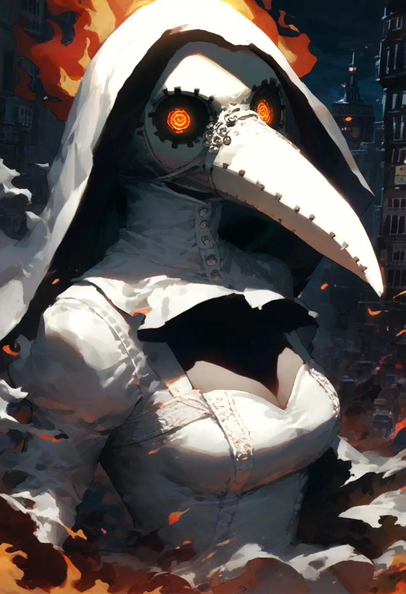 score_9, score_8_up, score_7_up, extremely detailed, detailed background, source_anime, plague doctor, long beak, white veil, fancy veil, white plague doctor mask, burning city background, glowing eyes, white surgery dress, looking at viewer, close up, torso shot, menacing stance, city burning, detailed flames