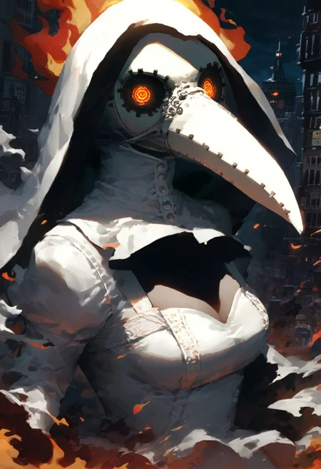 score_9, score_8_up, score_7_up, extremely detailed, detailed background, source_anime, plague doctor, long beak, white veil, fancy veil, white plague doctor mask, burning city background, glowing eyes, white surgery dress, looking at viewer, close up, torso shot, menacing stance, city burning, detailed flames