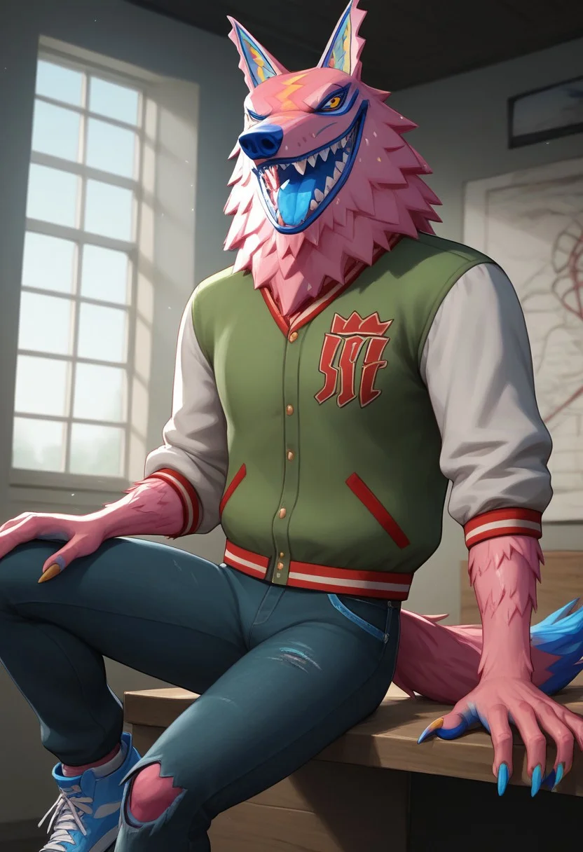 score_9, score_8_up, score_7_up, score_6_up, score_5_up, score_4_up, source_furry
anthro, solo, indoors, detailed background, day of the dead background, Andy Fangerson, wolf, wolf Alebrije, pink fur, blue nose, red Scalera, yellow pupil, no iris, wolf ears, wolf tail, blue tongue, blue pawpads, claws, Jacket, denim pants, shoes,
