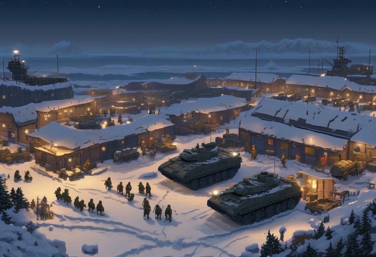pixel-art dramatic expansive photo, a military camp on the far island, snow, extreme-detailed, blocky, (pixel art) style, (perfect soldiers walking through the camp), night, illuminated field, (super detailed) ,detailed military vehicles parking, masterpiece, 8k, HD, (military boat), (masterpiece), <lora:detailed_notrigger:1>