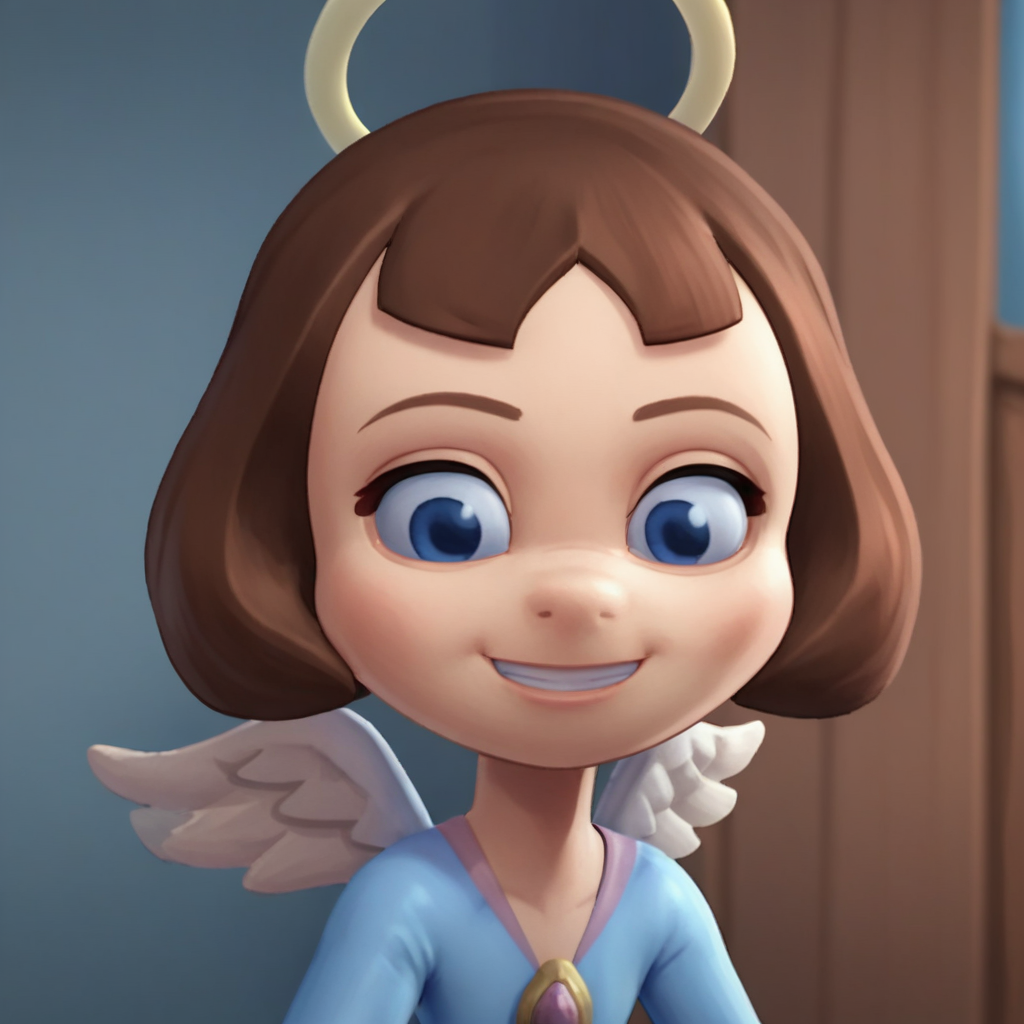 Ugly score_9_up, score_8_up, score_7_up, BREAK, hopevt, 1girl, solo, brown hair, short hair, blue eyes, halo, blue dress, wings, smile, upper body,  <lora:Hope_VeggieTales_PXL_Leaf1:1>, depth of field,