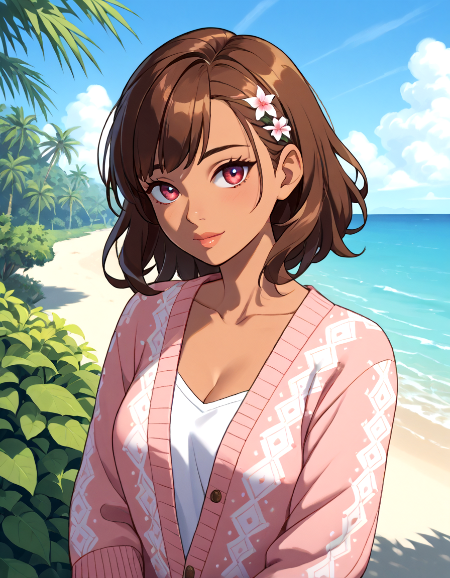 score_9, score_8_up, score_7_up, score_6_up, score_5_up, beautiful detailed portrait, beautiful Focused Young Adult, Straight Body, Caramel Brown Skin, beautiful detailed Subtle Face, Pastel Crimson eyes, Pastel Salmon Long Side Bangs hair, Thoughtful, Cobalt Blue Tropical Leaves Cropped Cardigan, Noon, beautiful verdant park, beautiful sky, best quality, ultra-detailed, masterpiece, sharp intricate details