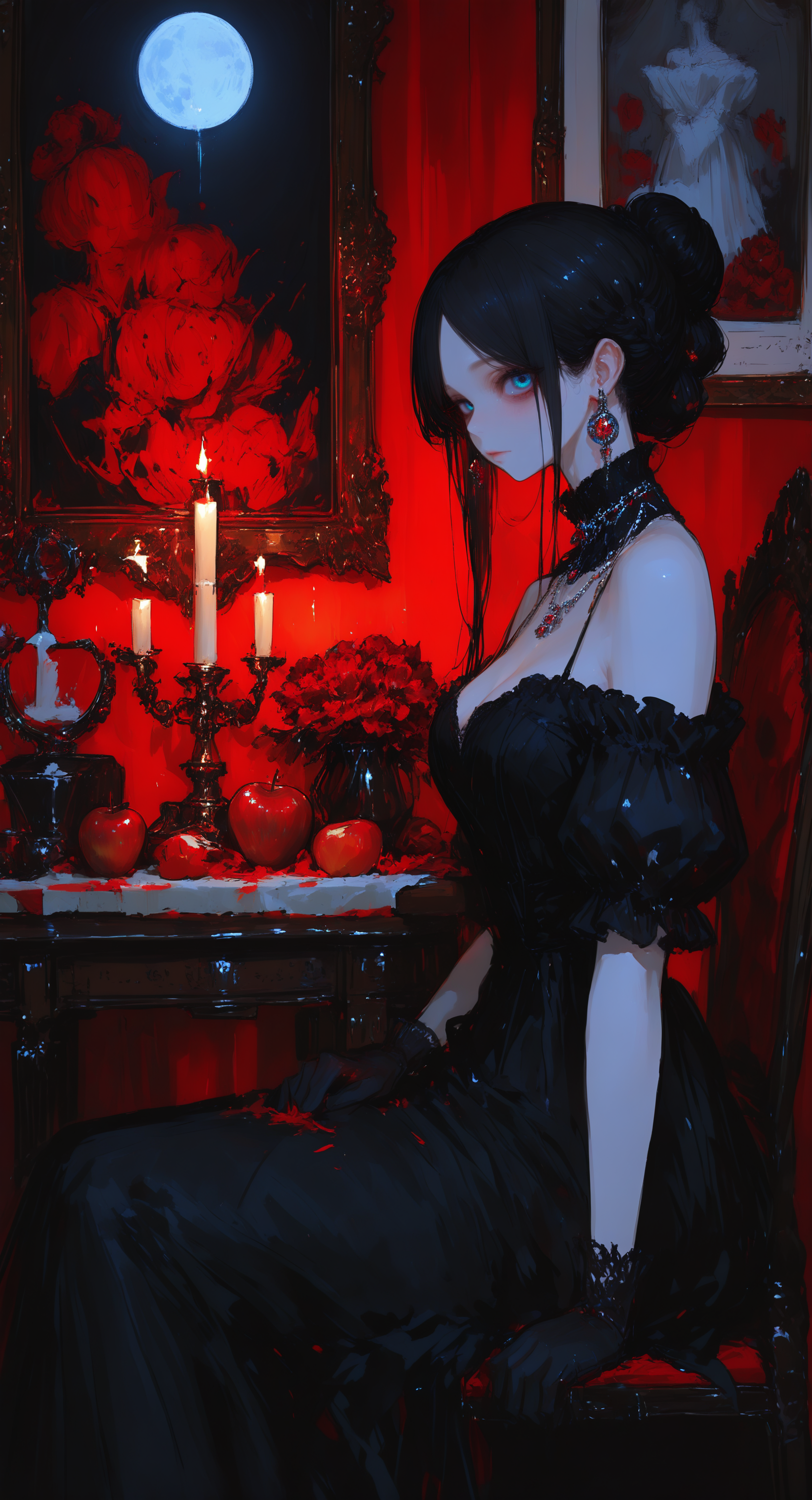 masterpiece, best quality, good quality, very awa, very aesthetic, absurdres, newest,1girl, solo, long hair, breasts, looking at viewer, black hair, gloves, dress, closed mouth, cleavage, jewelry, bare shoulders, sitting, flower, short sleeves, earrings, food, indoors, puffy sleeves, off shoulder, necklace, hair bun, black dress, puffy short sleeves, parted bangs, detached collar, fruit, chair, table, moon, single hair bun, mirror, long dress, off-shoulder dress, apple, candle, red theme, picture frame, vase, painting \(object\), carpet, candlestand, drawing \(object\), portrait \(object\), candlelight,
From Side, Cinematic Lighting, <lora:NOOB_vp1_detailer_by_volnovik_v1:0.35> <lora:noobai_ep11_stabilizer_v0.138_fp16:0.4> <lora:ponyv6_noobV1_2_adamW-000017:0.7> <lora:ç»ªå¿_åæ¶æå¾åå½±è´¨æå¢å¼ºV3:0.3> <lora:r17329_illuu:0.3> <lora:748cmXL_NB11_lokr_V6311P:0.8>