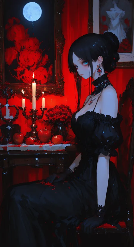 masterpiece, best quality, good quality, very awa, very aesthetic, absurdres, newest,1girl, solo, long hair, breasts, looking at viewer, black hair, gloves, dress, closed mouth, cleavage, jewelry, bare shoulders, sitting, flower, short sleeves, earrings, food, indoors, puffy sleeves, off shoulder, necklace, hair bun, black dress, puffy short sleeves, parted bangs, detached collar, fruit, chair, table, moon, single hair bun, mirror, long dress, off-shoulder dress, apple, candle, red theme, picture frame, vase, painting \(object\), carpet, candlestand, drawing \(object\), portrait \(object\), candlelight,
From Side, Cinematic Lighting, <lora:NOOB_vp1_detailer_by_volnovik_v1:0.35> <lora:noobai_ep11_stabilizer_v0.138_fp16:0.4> <lora:ponyv6_noobV1_2_adamW-000017:0.7> <lora:绪å¿_åæ¶æå¾å
影质æå¢å¼ºV3:0.3> <lora:r17329_illuu:0.3> <lora:748cmXL_NB11_lokr_V6311P:0.8>