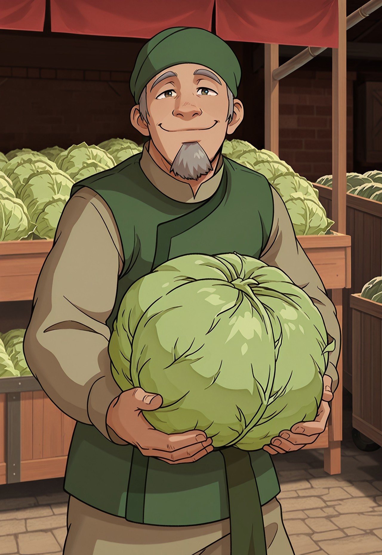 solo, masterpiece, detailed, ultra hd, best quality, 1boy, male, official art, w0lfc0nf, modern, new, masculine face, daddy looking face

AvatarCabbage, green headwear, grey hair, beard, green vest, market, looking at viewer, smiling, cabbages, holding cabbage