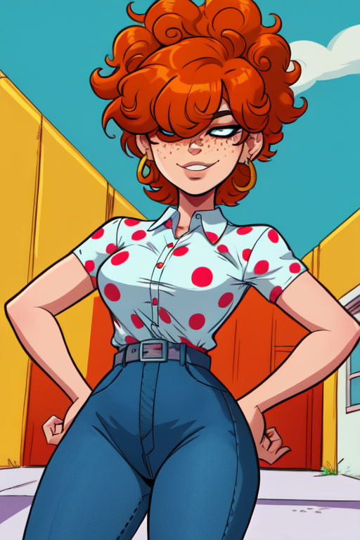 LeeK, curly orange hair, freckles, hair over both eyes:1.2,  standing, cowboy shot, hands on hips, smug expression,  solo,  covered eyes, 
LeeATT, denim pants, white shoes, earrings, polka dot shirt, belt , white shirt, 
picket fence,morning  cartoon, 
(insanely detailed, beautiful detailed face, masterpiece, detailed eyes, best quality)     <lora:LeeKanker:0.8>