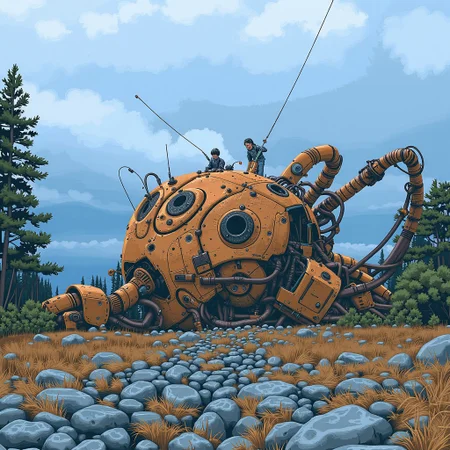 Simon Stalenhag Style image futures some kids playing on top of a giant robot lying down on the Scandinavian wilderness, his rooted and rusted robotic parts can be seen easily.
