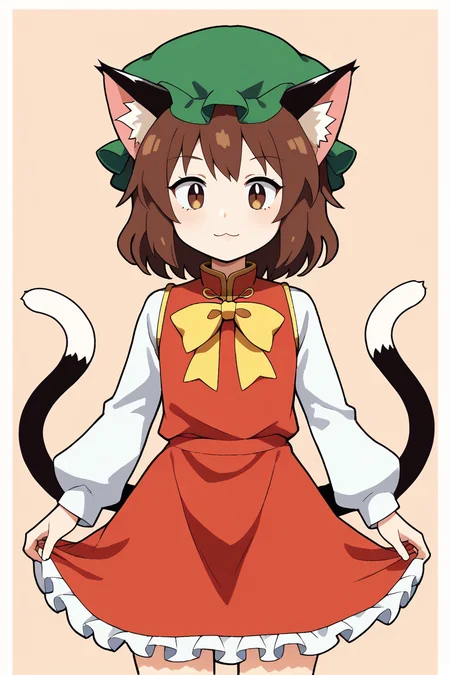 score_9, score_8_up, score_8, score_9, 1 girl,  source_anime, <lora:chen_pony-10:1>, chen, brown hair, brown eyes, cat ears, red dress, long sleeves,  green hat, mob cap, two tails, flat chest, white_sleeves, yellow ribbon, frills,  <lora:KJA5:0.8>
