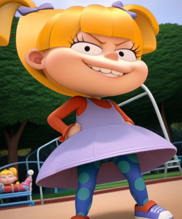1girl, ang2021, official style, looking at viewer, standing over viewer, child, blonde hair, twintails, angry, dress, bow, hands on hips, smug, from below, hair bow, short twintails, pantyhose, park playground, <lora:ang2021>,