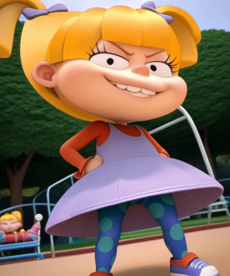 1girl, ang2021, official style, looking at viewer, standing over viewer, child, blonde hair, twintails, angry, dress, bow, hands on hips, smug, from below, hair bow, short twintails, pantyhose, park playground, <lora:ang2021>,