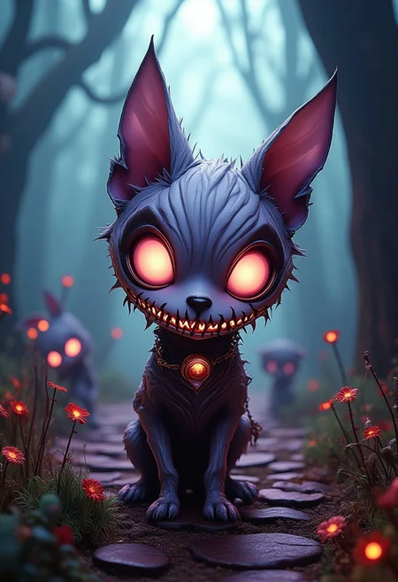 bv-twiwonsty, hyper realistic photography of a creepy beautiful alien dog in an enchanted wonderland