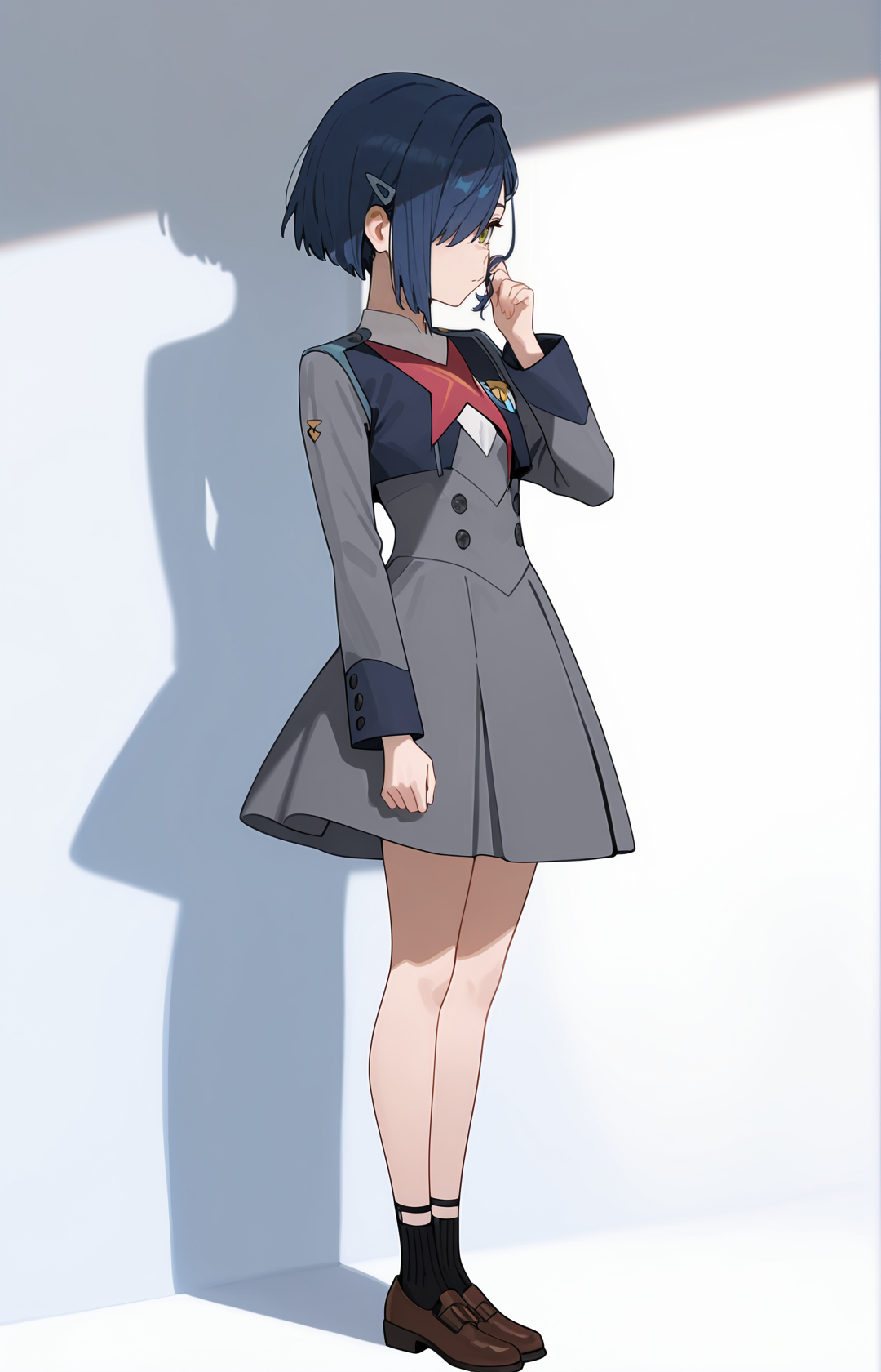perfect quality,high quality,masterpiece,best quality,amazing quality,very aesthetic,absurdres,Cinematic Lighting,newest,
front view,full_shot,Contemplative expression,
IchigoCYQL,1girl,solo,blue hair,short hair,green eyes,hairclip,hair ornament,hair over one eye,uniform,military uniform,dress,grey dress,long sleeves,socks,black socks,shoes,brown footwear,
full body,standing,hair_twirling,,
silver background,simple background,
<lora:ponyv4_noob1_2_adamW:0.7>,<lora:USNR STYLE_XL_loha:1>,usnr,<lora:MeMaXL4:0.4>,,<lora:IchigoCYQL:1>,