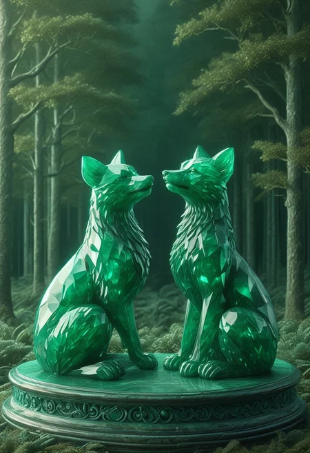 emeraldmorph, two foxes looking at each other, symmetrical, sharp edges, detailed, good composition, 3d sculpture, high detail, glowing against a forest background