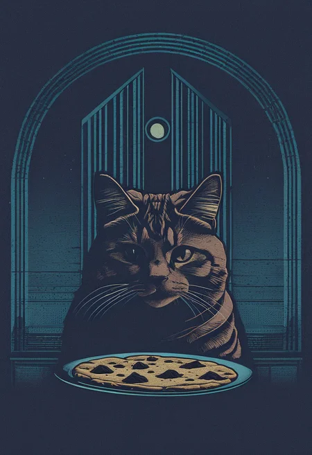 score_9, score_8_up, score_7_up, score_6_up, novuschroma28 style, easynegative, detailxl, BREAK, night, chocolate chip cookie, cookie art design, cookie decoration,solo cookie,(flat art), cookie with a picture of cat