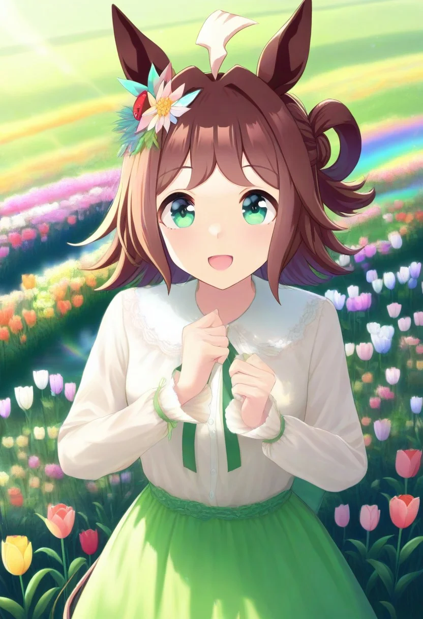 Tulip flower hair_ornament, (umamusume, rhein_kraft_(umamusume), horse_ears, horse_girl, tail, 1girl, ahoge, animal_ears,)
casual, field, flower, flower_field, green_eyes, hair_between_eyes,
head_wreath, looking_at_viewer, solo, aesthetic, absurdres, symmetric ,spiralling vortex made of multicoloured tulips, lush foliage sunrise, ripples, reflective, jaynl-tm, rainbow, , g0ldsw0rthy,
(realistic, photo, artistic, medium_hair, one_eye_closed, petals, relaxing, smile, : 0.7)