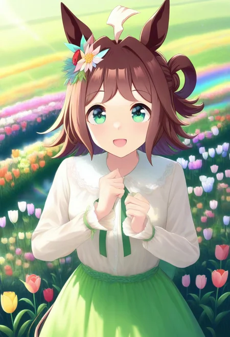 Tulip flower hair_ornament, (umamusume, rhein_kraft_(umamusume), horse_ears, horse_girl, tail, 1girl, ahoge, animal_ears,)
casual, field, flower, flower_field, green_eyes, hair_between_eyes,
head_wreath, looking_at_viewer, solo, aesthetic, absurdres, symmetric ,spiralling vortex made of multicoloured tulips, lush foliage sunrise, ripples, reflective, jaynl-tm, rainbow, , g0ldsw0rthy,
(realistic, photo, artistic, medium_hair, one_eye_closed, petals, relaxing, smile, : 0.7)