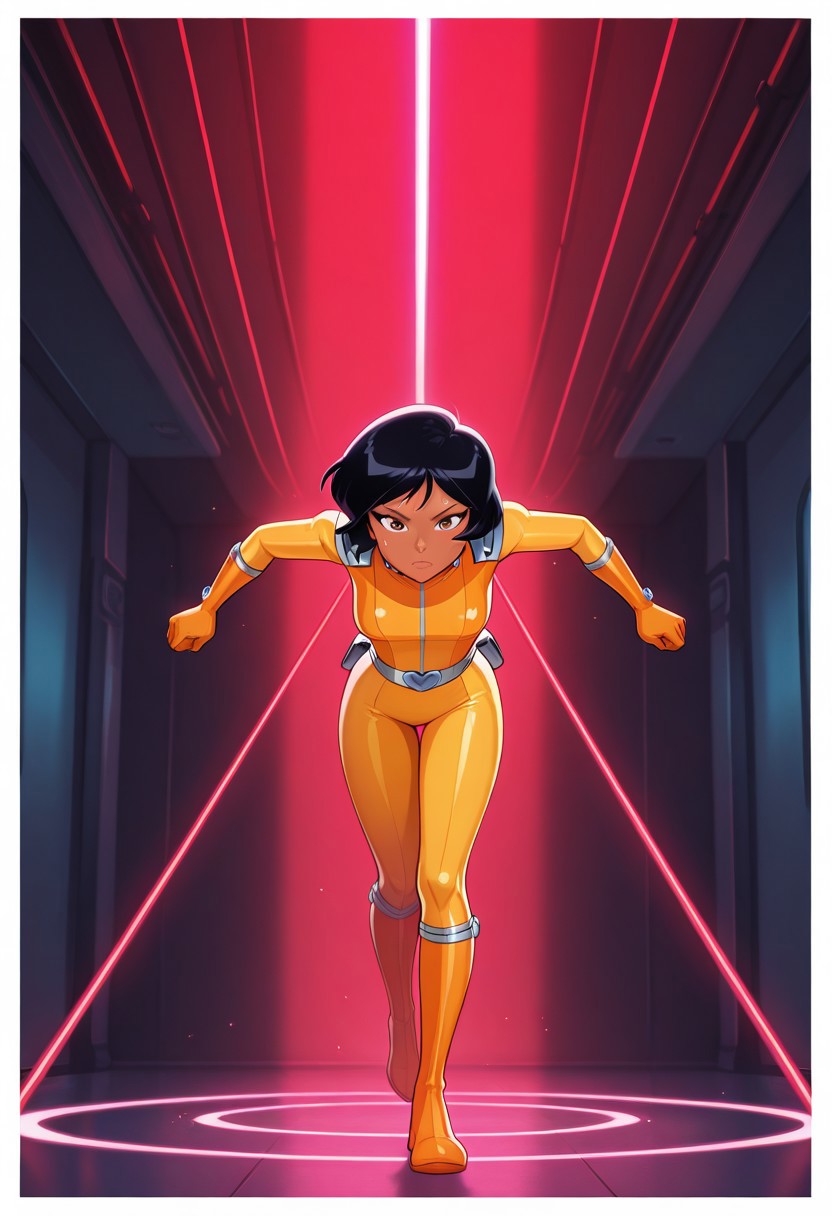 Score 9, Score 8, Score 7, Masterpiece, High Quality, Good Quality, Latest Model, High Resolution, Absurd, ((White Border)), Cinematic Lighting, High Contrast (Edge Light: 0.6), Dynamic Vision, <lora:illustriousXL_stabilizer_v1.23:0.3> <lora:NOOB_vp1_detailer_by_volnovik_v1:0.3> <lora:ponyv6_noobE11_2_adamW-000017:0.45> <lora:checkpoint-e18_s306:1.5> <lora:haiz_ai_illu:0.7>, Vibrant Colors, Bright Color, Dynamic Colors, Colorful Image, High Contrast, Saturated Colors, Thick Line, Bright Colors, Good Lighting, Color Saturation, Masterpiece, Best Quality, source_hentai, 
Medium close-up,solo,1girl, (((full body))), 
alex_totally_spies, short hair, black hair, brown eyes, dark-skinned female, yellow bodysuit, 
In a laser room,
dodging laser beams, red laser beams, sweating, concentrating,