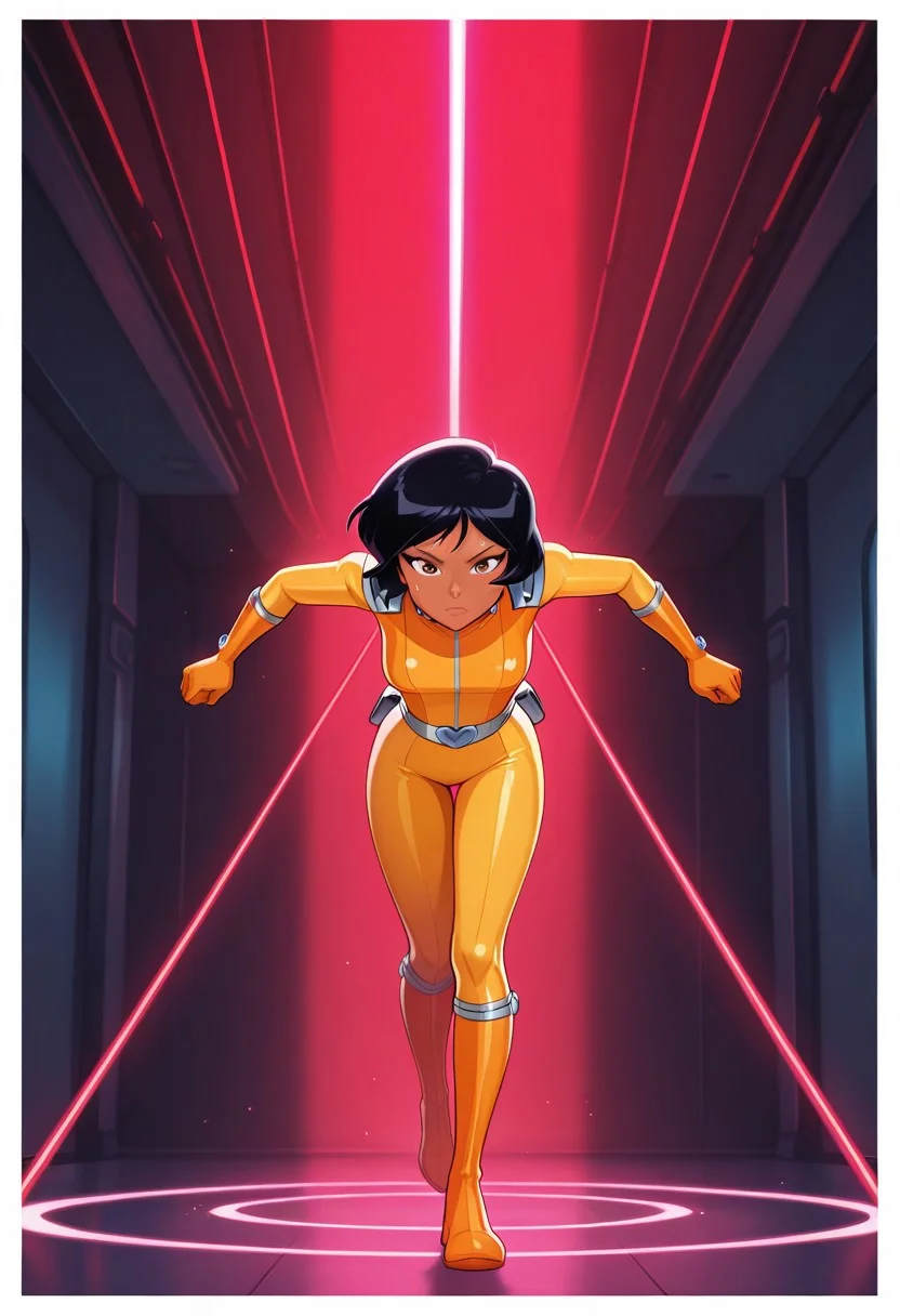 Score 9, Score 8, Score 7, Masterpiece, High Quality, Good Quality, Latest Model, High Resolution, Absurd, ((White Border)), Cinematic Lighting, High Contrast (Edge Light: 0.6), Dynamic Vision, <lora:illustriousXL_stabilizer_v1.23:0.3> <lora:NOOB_vp1_detailer_by_volnovik_v1:0.3> <lora:ponyv6_noobE11_2_adamW-000017:0.45> <lora:checkpoint-e18_s306:1.5> <lora:haiz_ai_illu:0.7>, Vibrant Colors, Bright Color, Dynamic Colors, Colorful Image, High Contrast, Saturated Colors, Thick Line, Bright Colors, Good Lighting, Color Saturation, Masterpiece, Best Quality, source_hentai,
Medium close-up,solo,1girl, (((full body))),
alex_totally_spies, short hair, black hair, brown eyes, dark-skinned female, yellow bodysuit,
In a laser room,
dodging laser beams, red laser beams, sweating, concentrating,