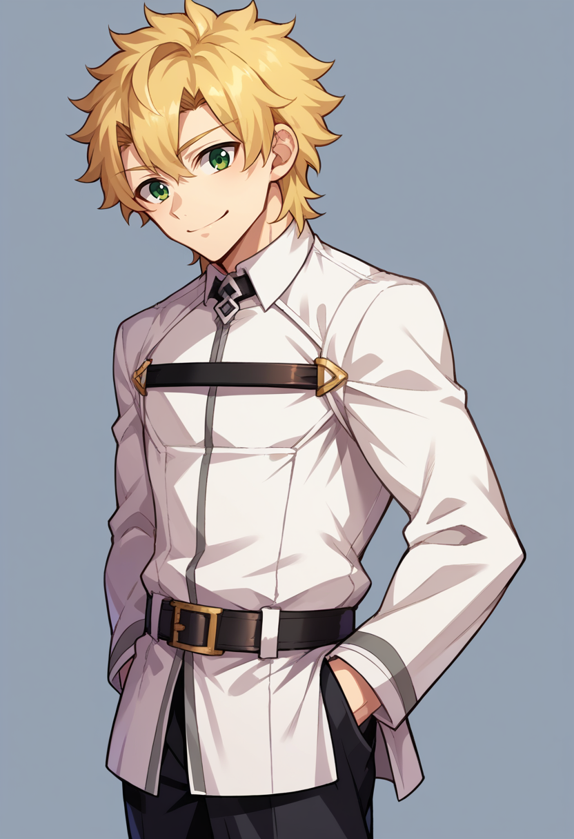 score_9, score_8_up, source_anime, 1boy, solo, blonde hair, short hair, green eyes, ChaldeaUniformMaleUniform, chaldea uniform, belt, black pants, hands in pockets, smile, <lora:ChamChaldeaUniformPonyXL:1>