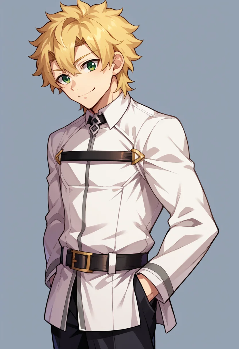 score_9, score_8_up, source_anime, 1boy, solo, blonde hair, short hair, green eyes, ChaldeaUniformMaleUniform, chaldea uniform, belt, black pants, hands in pockets, smile, <lora:ChamChaldeaUniformPonyXL:1>
