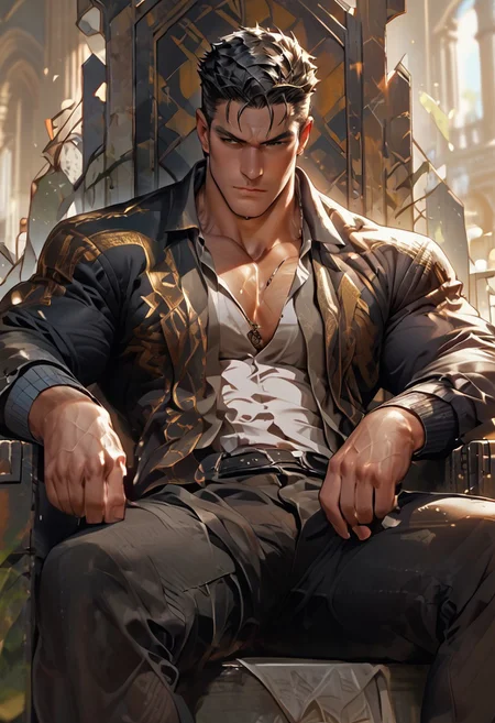 score_9, score_8_up, score_7_up, Atlas, a hulking man of beast-like musculature and an open shirt with wild black hair, master of knowledge and memory with a throne of books.