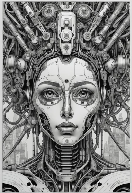 impossibly intricate pen and ink drawing of an extremely complex female-like robot head, <lora:detailed_notrigger:0.8>