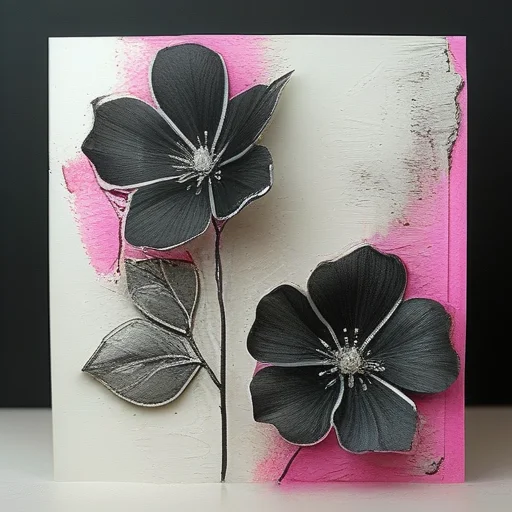 f ront of an old card shows white smooth cardstock with silver foil enriched by,.1mm micro liner in black,water soluble graphite,wjite pencil highlight,neon pink and lime highlights,gunmetal silver foil lowlights,hue black and white anne bachelier,
<lora:artfullyparched-v1-000014:1>,