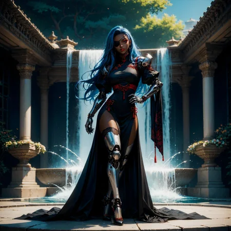 (score_9, score_8_up, score_7_up,), (thick lineart, sharp edges, cel shading, linear hatching)
BREAK
gothic architecture, fountain,
BREAK
full body, 1women, dark dark-skinned female, blue hair, long hair, red eyeliner, head tilt, cybernetic neck, bionic torso, bionic skin, chinese clothes, sexually suggestive, euphemism, left eyepatch,
<lora:Bad_Hands_lora:0.8>