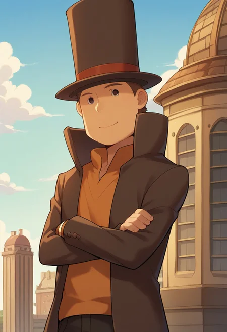 score_9, score_8_up, score_7_up, source_anime, highly detailed,
proflayton, hat, solo, 1boy, male focus, top hat, brown hair, upper body, standing, smile, shirt, orange shirt, brown jacket, brown pants, closed mouth, crossed arms,
outdoor, sky, building, steampunk