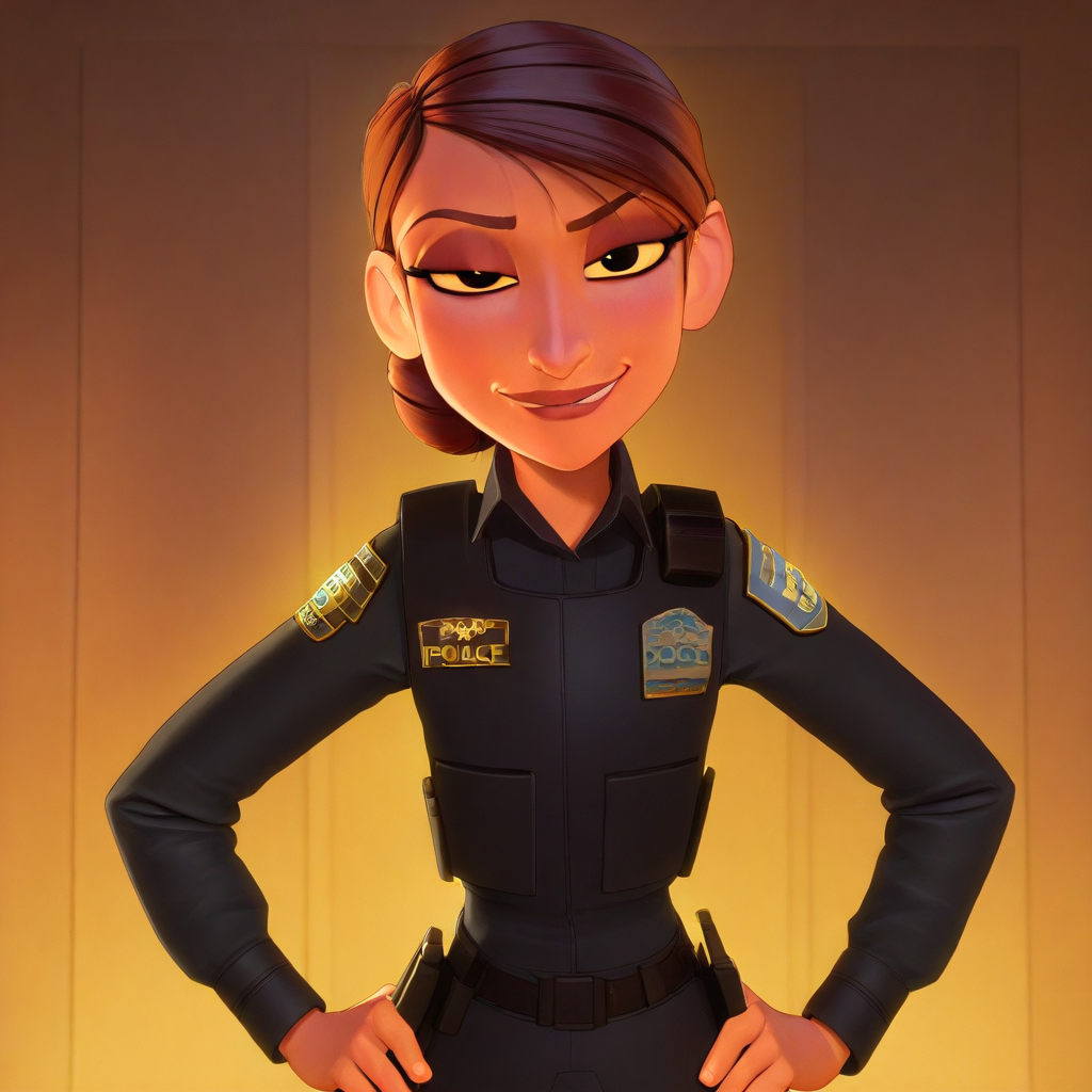 masterpiece, best quality, wendy_sid, brown hair, short hair, hair bun, police uniform, looking at viewer, hands on hips, smirk