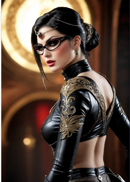 Photo, masterpiece, best quality, dramatic angle, art by luis royo:1.5, Bayonetta from the Bayonetta Video Game, large breasts,, intricate details, cinematic, good lighting, vibrant colors, (high quality texture), (sharp), (artistic image), 8K, detailed, dynamic, depth of field, intricate, <lora:add-detail-xl:0.8>