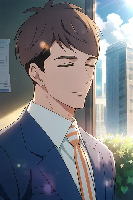 (score_9, score_8_up, score_7_up), (source anime, best quality, best aesthetic, perfect anatomy), 1boy, kentaro momose, male_focus, handsome detailed face, black eyes, black jacket, blue jacket, collared shirt, slim body, skinny, orange necktie, solo, modern office, portrait, <lora:Kentaro Momose_PDXL:0.85>, ((sleeping upright, Dark)), <lora:aesthetic_anime_v1s:0.8>