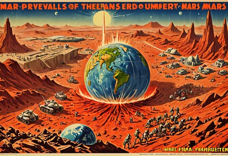 <lora:vintage_poster:0.9> vntgpstr of "MARS PREVAILS!", highly detailed propaganda poster of the earth-mars-conflict