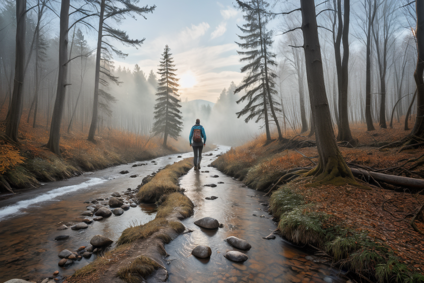 Hyperrealistic art professional photo, woman hiking on forest path, autumn woods with patches of snow, scenery, river stream next to path, forest, (dramatic sky,  journal cover shot, natural colors, correct white balance, color correction, dehaze,clarity),  . Extremely high-resolution details, photographic, realism pushed to extreme, fine texture, incredibly lifelike   <lora:When_autumn_meets_winter_XL:1>