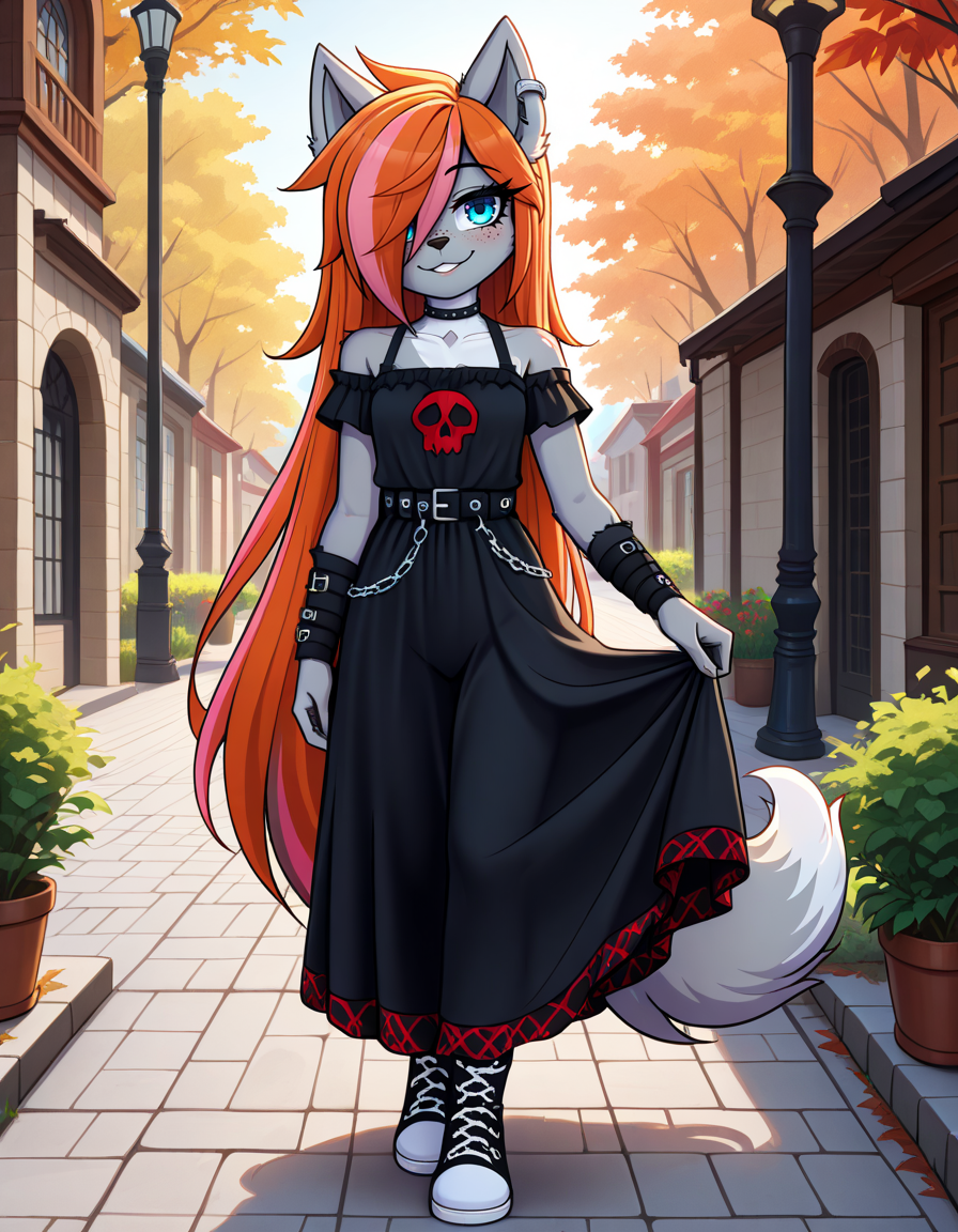 masterpiece, best quality, very aesthetic, absurdres,
outdoors,
full body, standing, posing, 
goth fashion, 
seductive smile, parted lips, long eyelashes,
<lora:Kayla_Kitsune_v01_NAIXL:1>
K4yl4_K1tsun3,1girl,solo,furry,furry female,very long hair,multicolored hair,orange hair,pink hair,streaked hair,hair over one eye,wolf ears,earrings,blue eyes,freckles,snout,animal nose,body fur,two-tone fur,wolf tail
