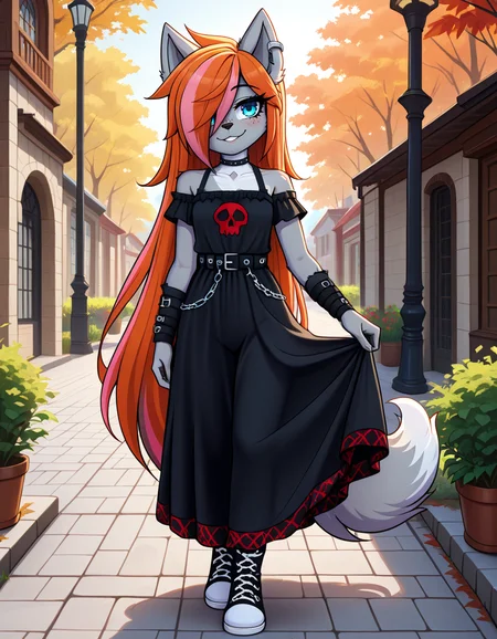 masterpiece, best quality, very aesthetic, absurdres,
outdoors,
full body, standing, posing,
goth fashion,
seductive smile, parted lips, long eyelashes,
<lora:Kayla_Kitsune_v01_NAIXL:1>
K4yl4_K1tsun3,1girl,solo,furry,furry female,very long hair,multicolored hair,orange hair,pink hair,streaked hair,hair over one eye,wolf ears,earrings,blue eyes,freckles,snout,animal nose,body fur,two-tone fur,wolf tail