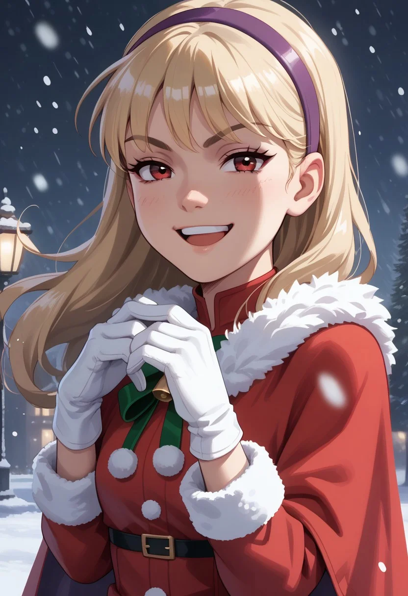 score_7, score_7_up, score_9, score_9_up, BREAK, DC_Justice, 1girl, blond hair, red eyes, purple hairband, , smug smile, arched back, cowboy shot, solo, , (portrai shot, upper body), happy, looking at viewer, upper teeth, looking at viewer, christmas, fur trim, red capelet, red dress, fur-trimmed dress, long sleeves, white gloves, snowing, outdoors